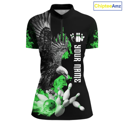 Custom Green Flame Black Eagle Bowling Polo, Quarter Zip Shirt For Women, Team Bowling Clothes NQS11502