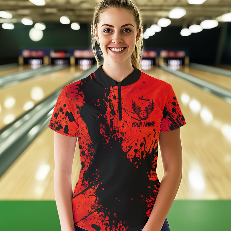 Black and Red Womens Bowling Polo, Quarter Zip Shirts Custom Bowling Team League Jerseys NQS9569