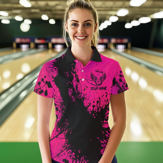 Black and Pink Womens Bowling Polo, Quarter Zip Shirts Custom Bowling Team League Jerseys NQS9570