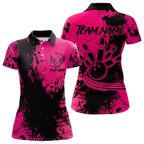 Black and Pink Womens Bowling Polo, Quarter Zip Shirts Custom Bowling Team League Jerseys NQS9570