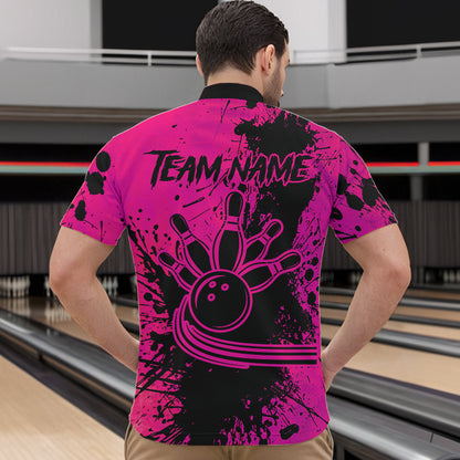 Black and Pink Mens Bowling Polo, Quarter Zip Shirts Custom Bowling Team League Jerseys NQS9570