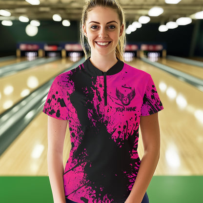 Black and Pink Womens Bowling Polo, Quarter Zip Shirts Custom Bowling Team League Jerseys NQS9570