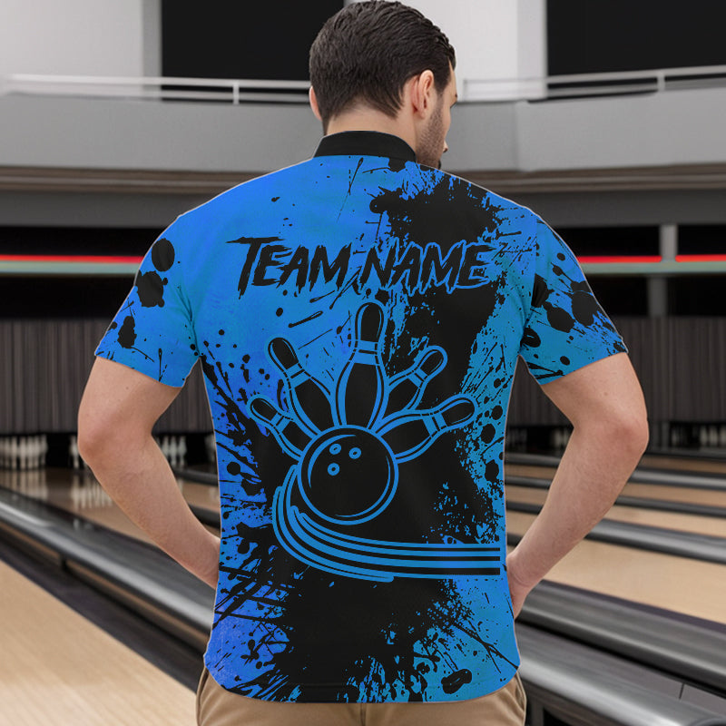 Black and Blue Mens Bowling Polo, Quarter Zip Shirts Custom Bowling Team League Jerseys NQS9571