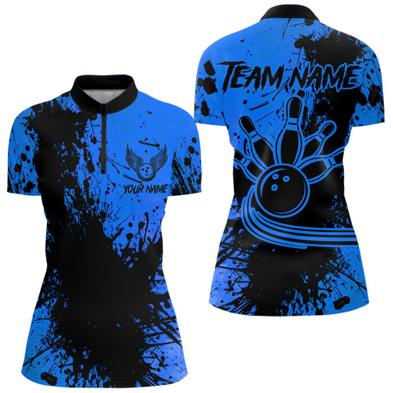 Black and Blue Womens Bowling Polo, Quarter Zip Shirts Custom Bowling Team League Jerseys NQS9571
