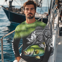 Load image into Gallery viewer, Bass Reaper Skeleton Green scales Custom Long Sleeve Fishing Shirts, Personalized Fishing Gifts NQS9572
