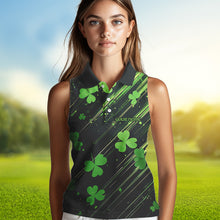 Load image into Gallery viewer, Personalized Black &amp; Green Clover pattern Women sleeveless polo shirt St Patrick Day ladies golf wear NQS9574