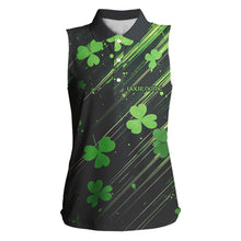 Load image into Gallery viewer, Personalized Black &amp; Green Clover pattern Women sleeveless polo shirt St Patrick Day ladies golf wear NQS9574