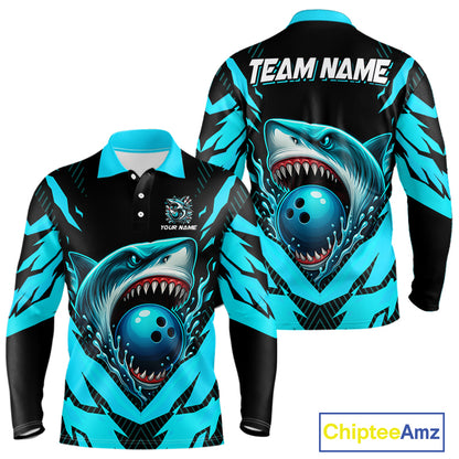 Black and Blue Mens bowling shirts Custom Blue Shark bowling team  jerseys, gifts for bowlers NQS9991