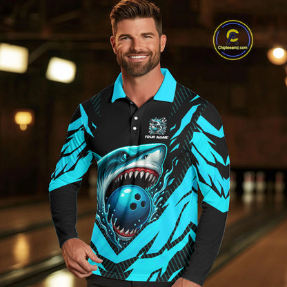 Black and Blue Mens bowling shirts Custom Blue Shark bowling team  jerseys, gifts for bowlers NQS9991