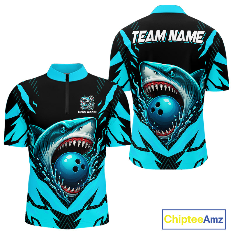 Black and Blue Mens bowling shirts Custom Blue Shark bowling team  jerseys, gifts for bowlers NQS9991