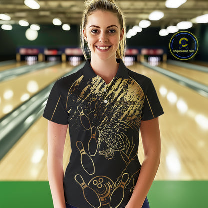 Personalized Black & Gold Tiger Bowling Polo, Quarter Zip Shirts For Women Custom Bowling Team Jersey NQS10281