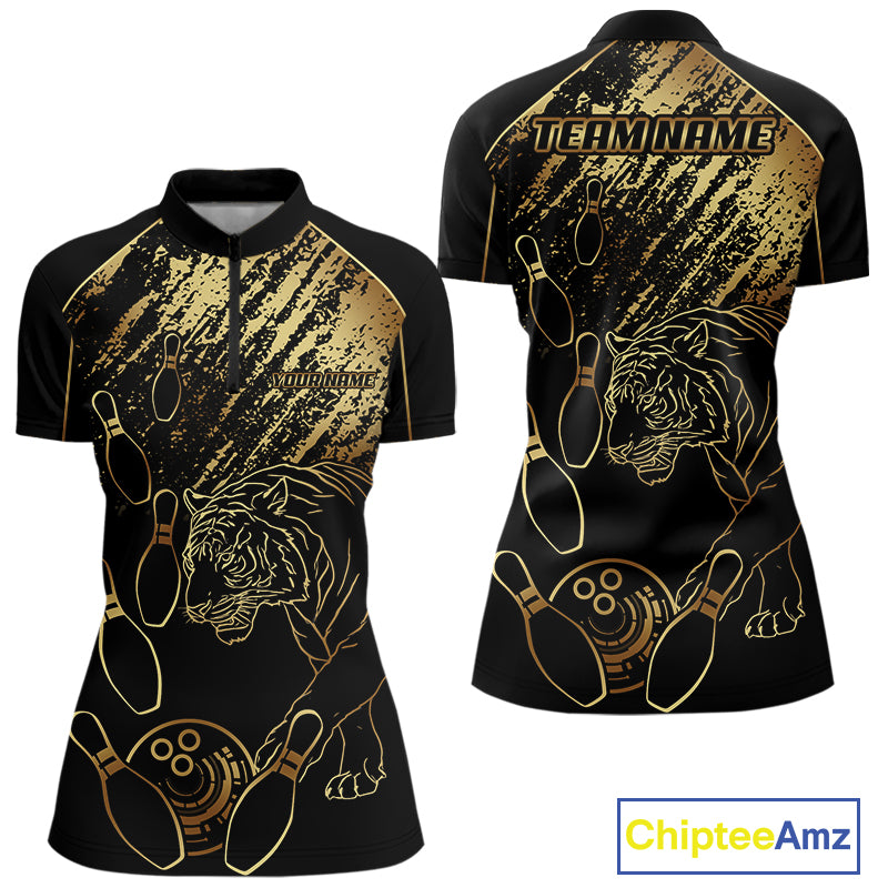 Personalized Black & Gold Tiger Bowling Polo, Quarter Zip Shirts For Women Custom Bowling Team Jersey NQS10281