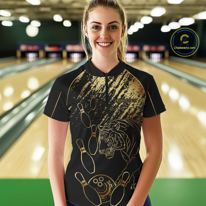 Personalized Black & Gold Tiger Bowling Polo, Quarter Zip Shirts For Women Custom Bowling Team Jersey NQS10281