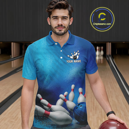Custom Blue Bowling Team Mens Polo, Quarter-Zip Shirts, custom bowling jersey with name NQS10282