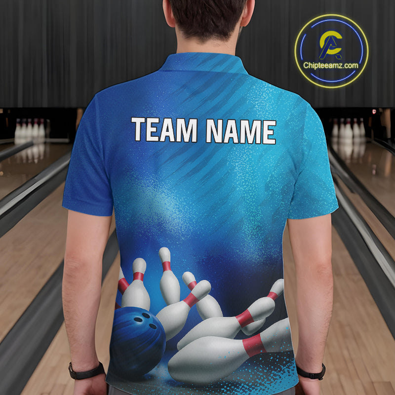 Custom Blue Bowling Team Mens Polo, Quarter-Zip Shirts, custom bowling jersey with name NQS10282