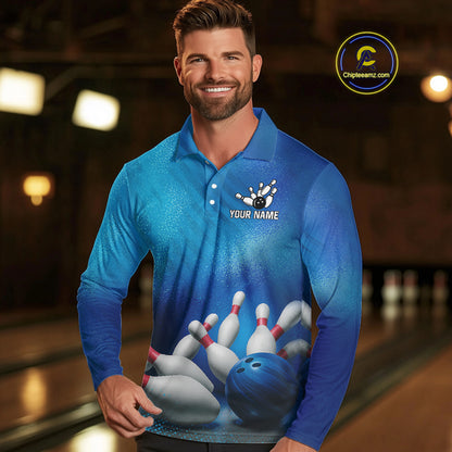 Custom Blue Bowling Team Mens Polo, Quarter-Zip Shirts, custom bowling jersey with name NQS10282