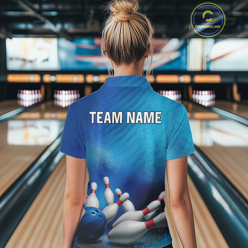 Custom Blue Bowling Team Women Polo, Quarter-Zip Shirts, custom bowling jersey with name NQS10282