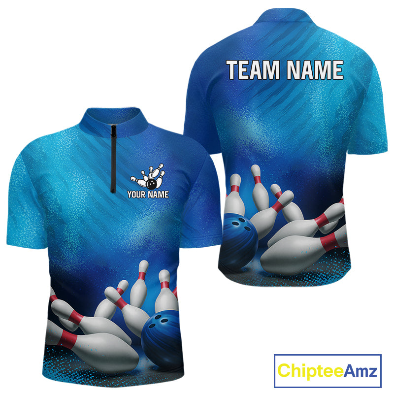 Custom Blue Bowling Team Mens Polo, Quarter-Zip Shirts, custom bowling jersey with name NQS10282