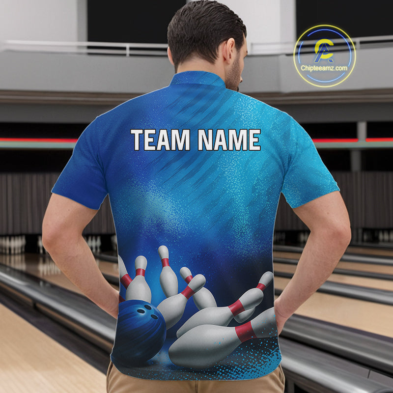 Custom Blue Bowling Team Mens Polo, Quarter-Zip Shirts, custom bowling jersey with name NQS10282