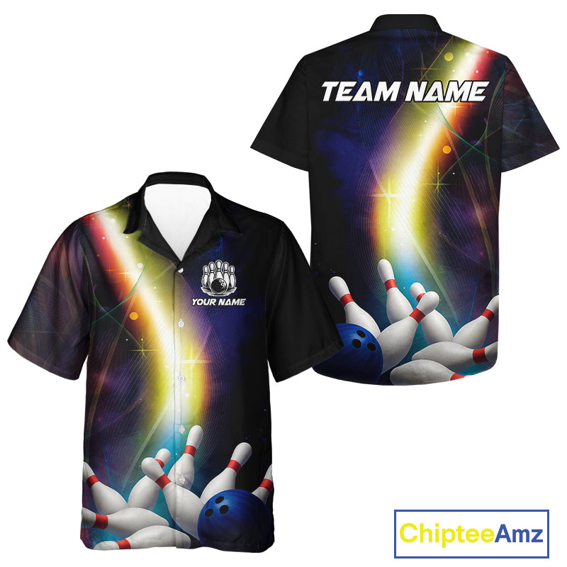 Custom Rainbow Lights Bowling Hawaiian Shirts, Personalized bowling team jersey with name NQS10283