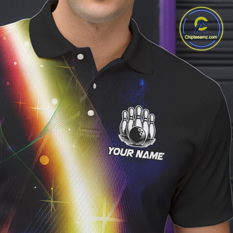 Custom Rainbow Lights Bowling Polo, 1/4 Zip Shirt For Men, Personalized bowling team jersey with name NQS10283