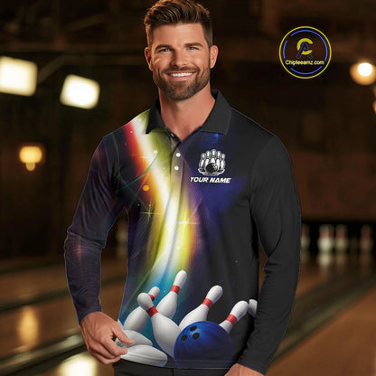 Custom Rainbow Lights Bowling Polo, 1/4 Zip Shirt For Men, Personalized bowling team jersey with name NQS10283