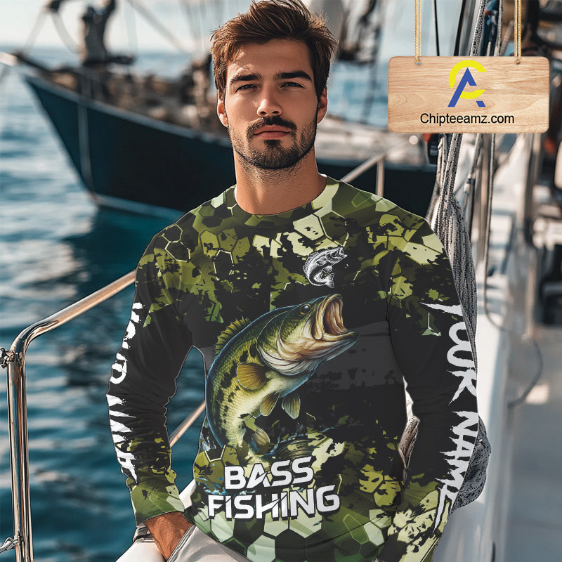 Green Camo Largemouth Bass fishing sun shirts custom name fishing shirts long sleeve uv protection NQS10284