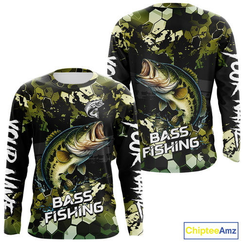 Green Camo Largemouth Bass fishing sun shirts custom name fishing shirts long sleeve uv protection NQS10284