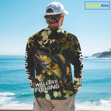 Load image into Gallery viewer, Yellow Camo Walleye fishing sun shirts custom name fishing shirts long sleeve uv protection NQS10285