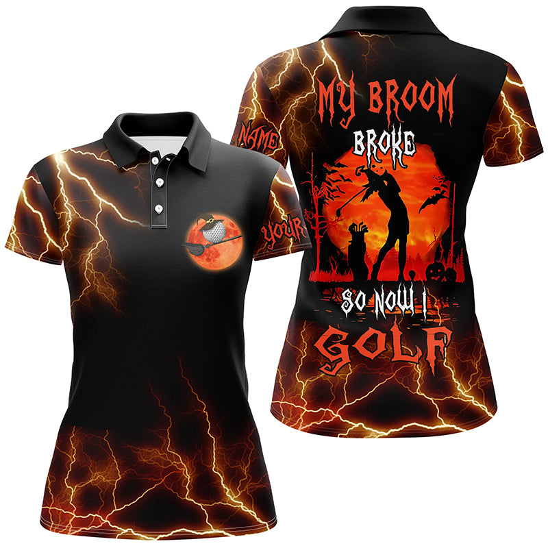 Funny black lightning Halloween golf shirt custom women golf polo shirt My broom broke so now I golf NQS6172