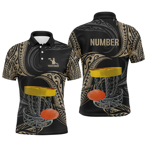 Mens disc golf polo shirts custom name, number black tribal disc golf shirt, disc golf outfit NQS6175