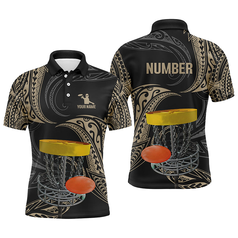 Mens disc golf polo shirts custom name, number black tribal disc golf shirt, disc golf outfit NQS6175