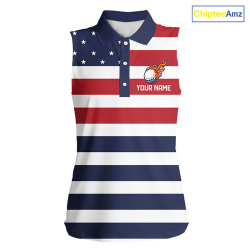 Custom American Flag Sleeveless Golf Polo Shirt, Personalized Patriotic Ladies Golf attire NQS10500