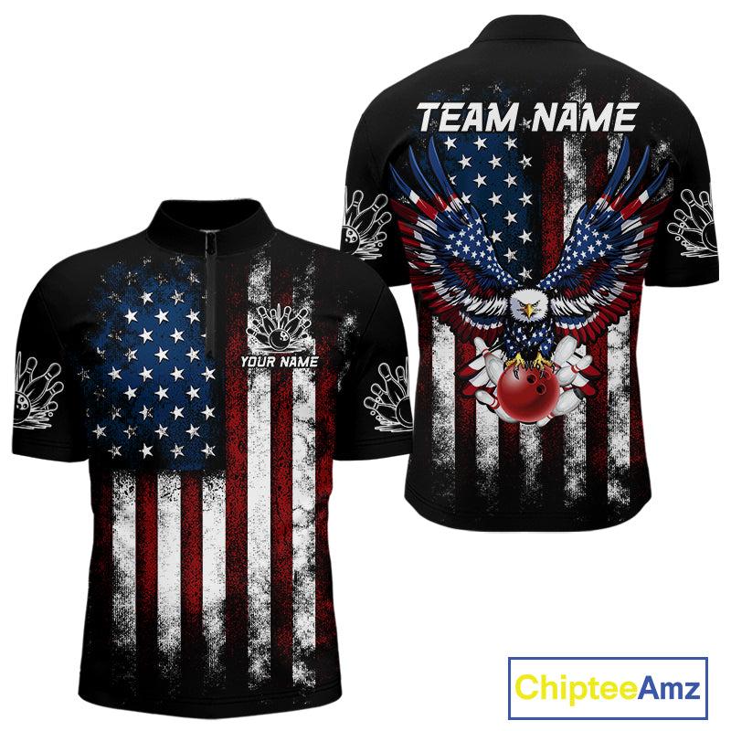 Vintage American Flag Eagle Black Bowling Shirts for Men Custom Patriotic Team Bowling Jerseys NQS10501