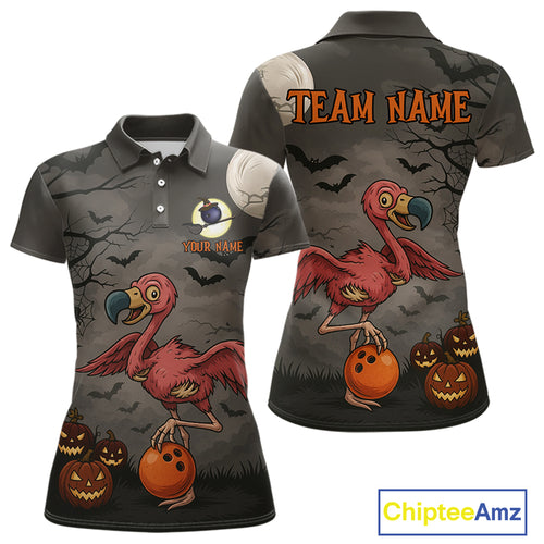 Funny Flamingo Halloween Bowling Polo, 1/4 Zip Shirt For Women Custom Halloween Bowling Team Jersey NQS10703