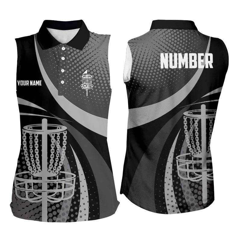 Black Grey Dot pattern disc golf basket custom Women sleeveless golf polo shirt, disc golf jersey NQS8749