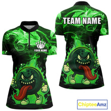 Load image into Gallery viewer, Personalized Funny Bowling Shirts for Women Green Flame Custom Bowling Team Outfit, Gift For Bowlers NQS10909