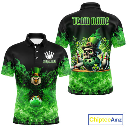 Green Flame Smoke St Patrick's Day Eagle Skull Men's Bowling Shirts Custom Lucky Bowling Team Jersey NQS11286
