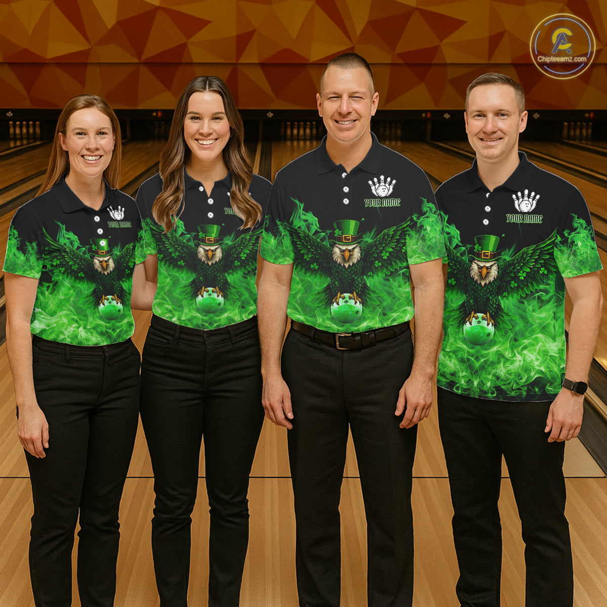 Green Flame Smoke St Patrick's Day Eagle Skull Women's Bowling Shirt Custom Lucky Bowling Team Jersey NQS11286