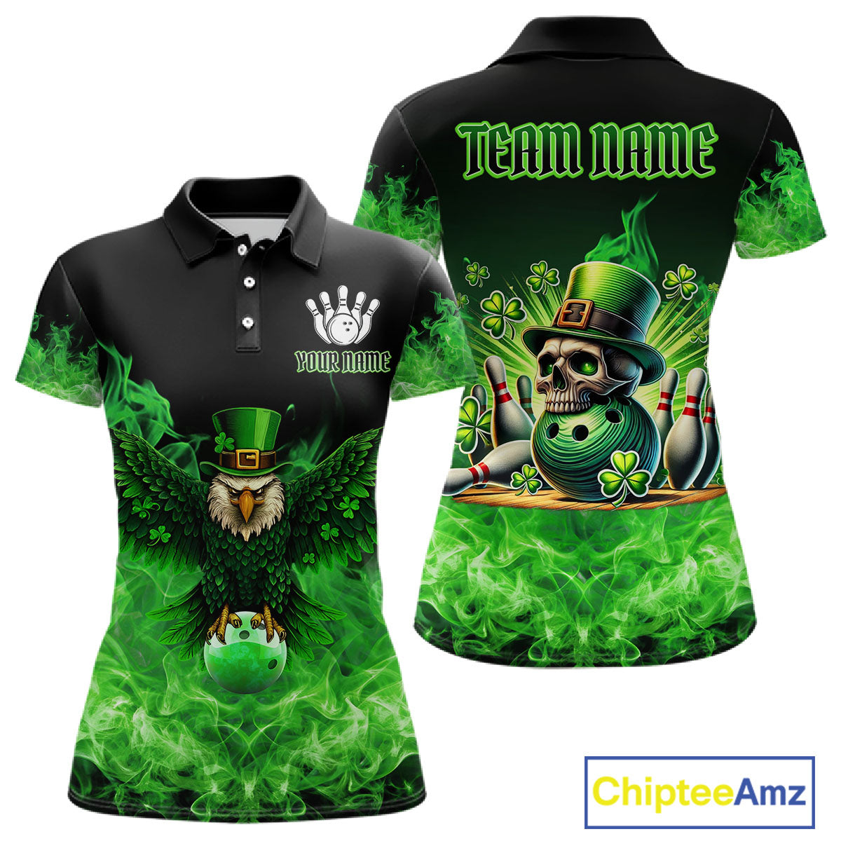 Green Flame Smoke St Patrick's Day Eagle Skull Women's Bowling Shirt Custom Lucky Bowling Team Jersey NQS11286