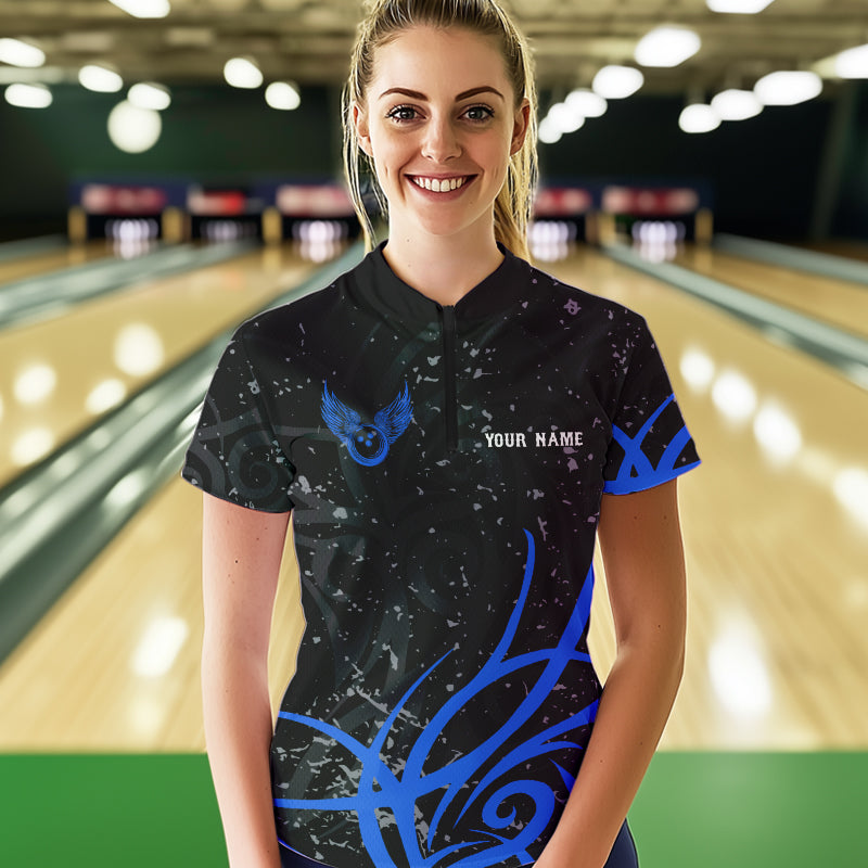 Black and Blue Camo Bowling Polo, Quarter Zip Shirt For Women Custom Team Bowling Jersey bowler outfit NQS9417