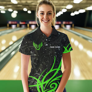 Black & Green Camo Bowling Polo, Quarter Zip Shirt For Women Custom Team Bowling Jersey bowler outfit NQS9418