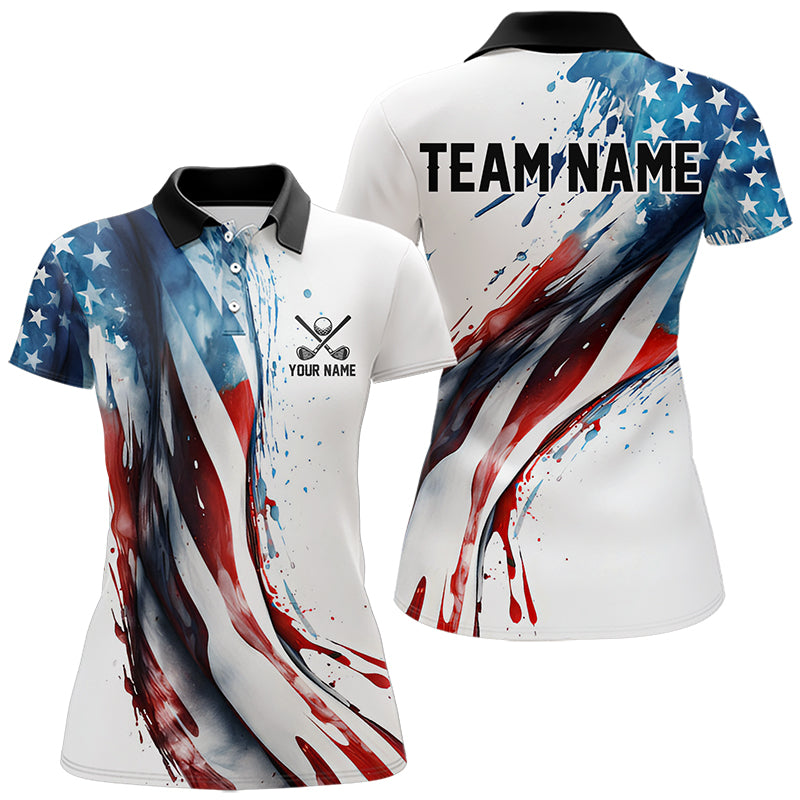 Red, White and Blue American flag Women golf polo shirts Custom name patriotic golf top for ladies NQS9419