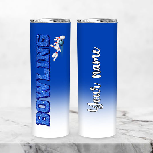 Personalized Blue glitter Bowling Skinny Tumbler, Custom Team Name Gift for Bowlers NQS9885