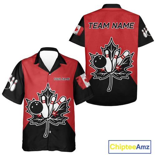 Black and Red maple leaf Bowling Hawaiian shirt Custom Canadian Flag bowling team button up shirt NQS9992
