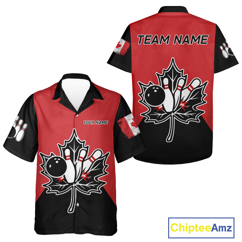 Black and Red maple leaf Bowling Hawaiian shirt Custom Canadian Flag bowling team button up shirt NQS9992