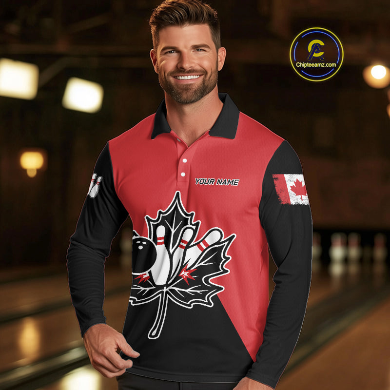 Black and Red maple leaf Mens bowling shirts Custom Canadian Flag bowling team  jerseys, bowlers gifts NQS9992