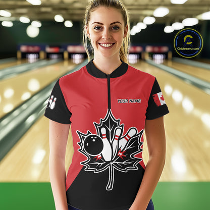 Black and Red maple leaf Women bowling shirts Custom Canadian Flag bowling team  jersey, bowlers gifts NQS9992