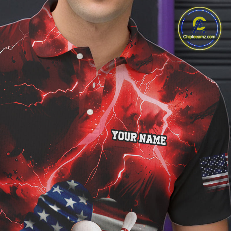 Red Lightning thunder storm American Flag Bowling Shirts For Men Custom Bowling Team League Jerseys NQS10290