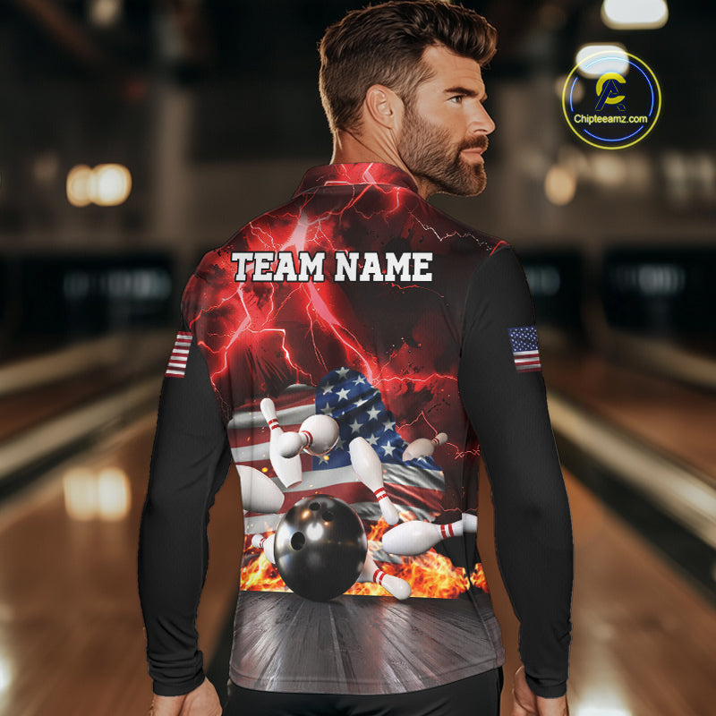 Red Lightning thunder storm American Flag Bowling Shirts For Men Custom Bowling Team League Jerseys NQS10290